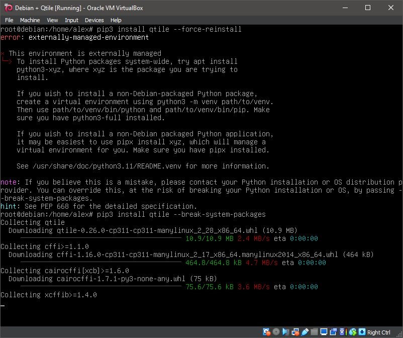 Running 'pip3 install qtile --break-system-packages'